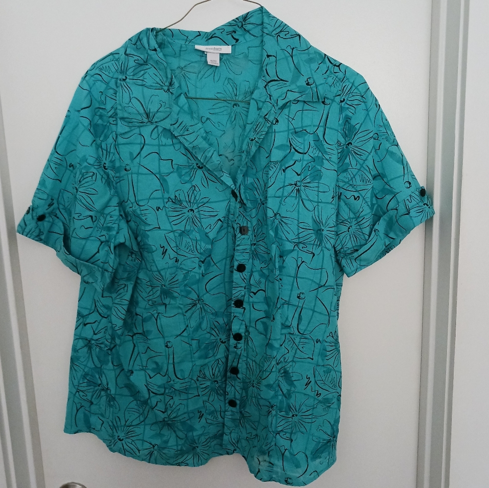 Dress barn teal and black solid and sheer floral button down 18/20